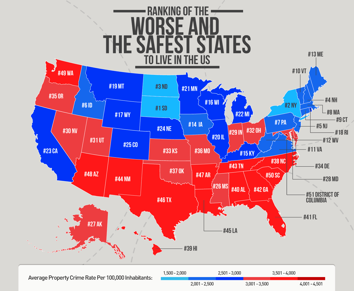 Ranking of the worse and the safest states to live in the us